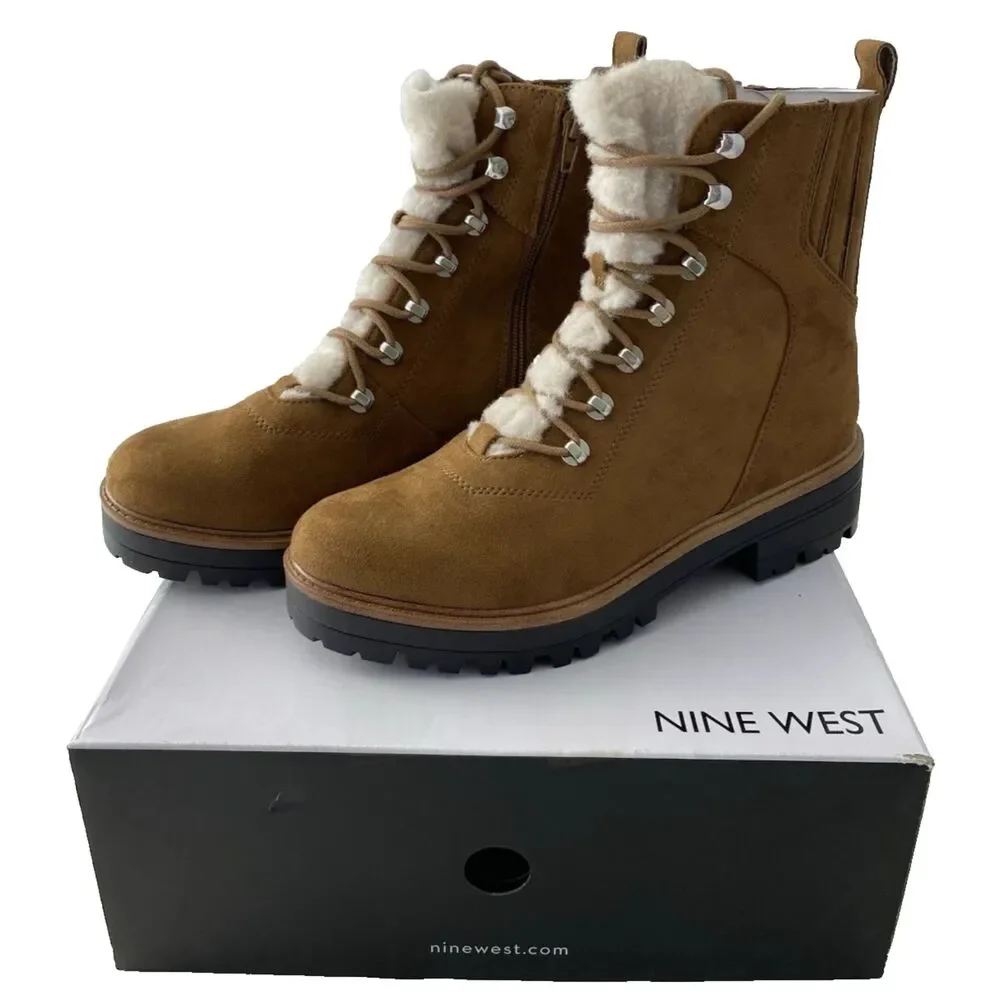 Nine West Women's Cognac Ivani Faux Suede Combat Boots Size 9M